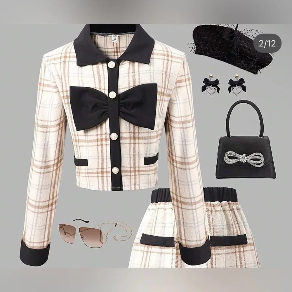 (B3) SHEIN Girls Cream Black Plaid Bow Statement Jacket Top 8Y - Picture 2 of 10